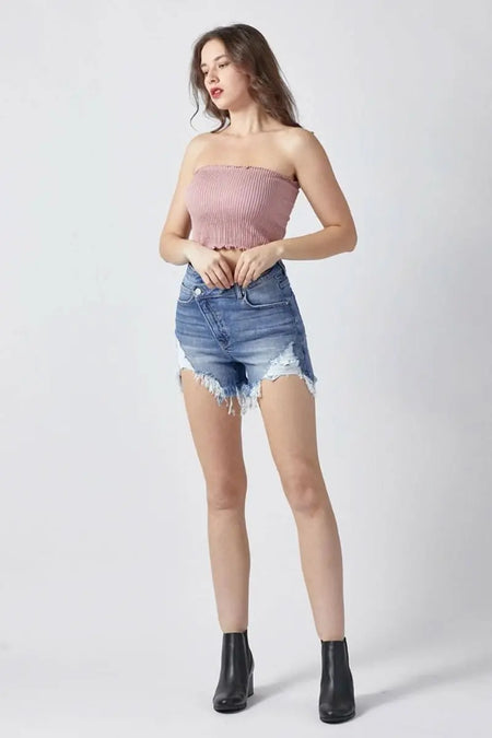 RISEN Raw Hem Asymmetrical Waist Denim Shorts - Sleekdenim.com