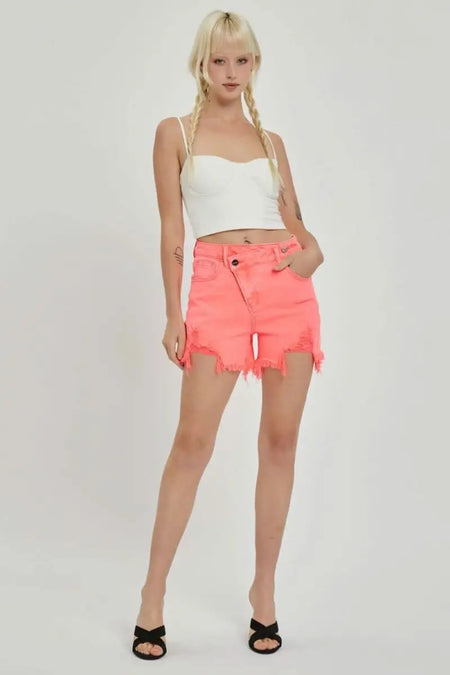 RISEN Raw Hem Asymmetrical Waist Denim Shorts - Sleekdenim.com