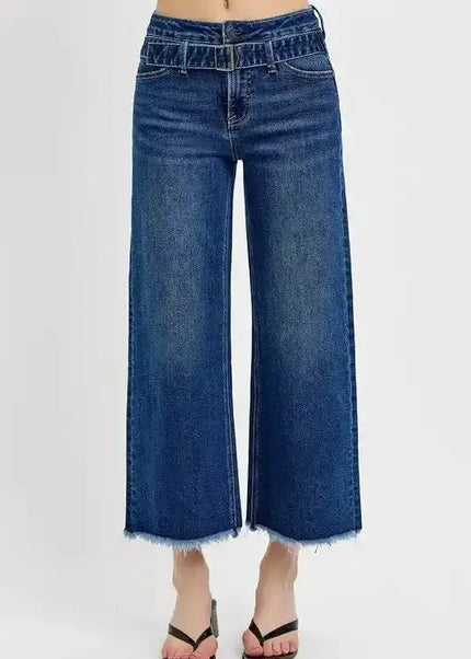 RISEN Raw Hem Wide Leg Attached Buckle Jeans - Sleekdenim.com