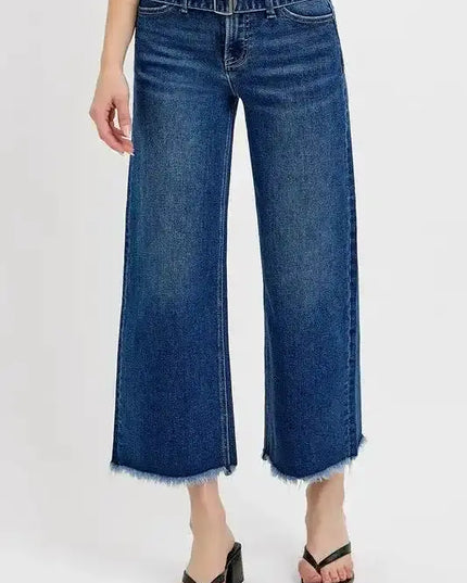 RISEN Raw Hem Wide Leg Attached Buckle Jeans - Sleekdenim.com
