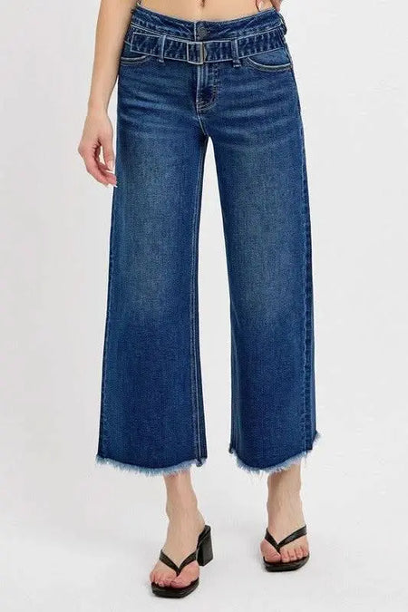 RISEN Raw Hem Wide Leg Attached Buckle Jeans - Sleekdenim.com