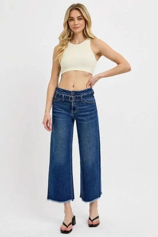 RISEN Raw Hem Wide Leg Attached Buckle Jeans - Sleekdenim.com