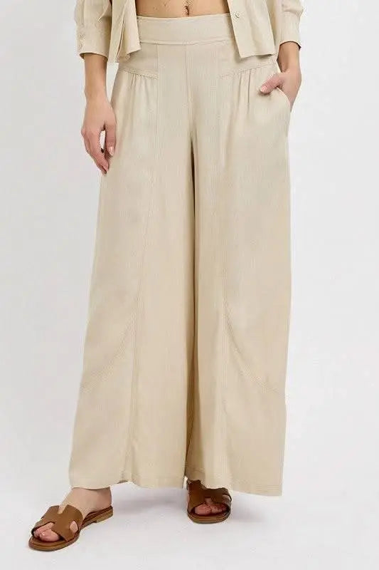 RISEN Shirring Detail Wide Leg Pants - Sleekdenim.com