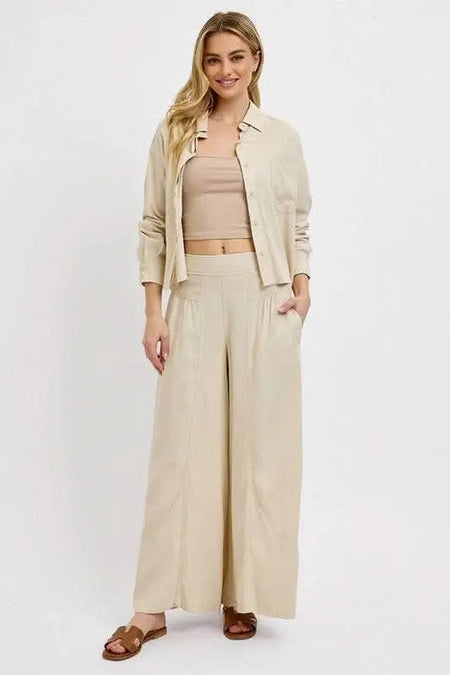 RISEN Shirring Detail Wide Leg Pants - Sleekdenim.com