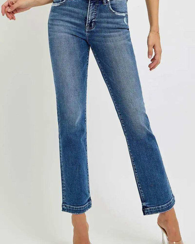 RISEN Tummy Control Elastic Band Mid Rise Straight Jeans - Sleekdenim.com