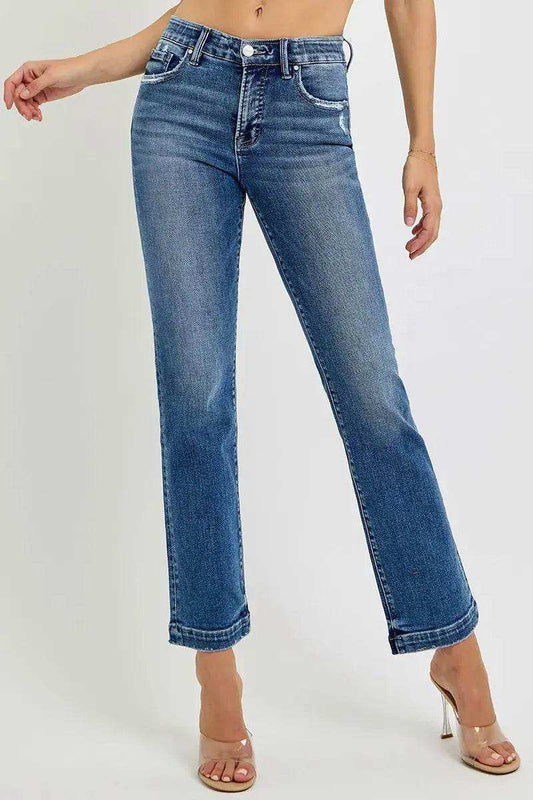 RISEN Tummy Control Elastic Band Mid Rise Straight Jeans - Sleekdenim.com