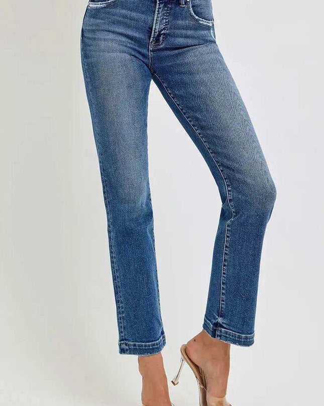 RISEN Tummy Control Elastic Band Mid Rise Straight Jeans - Sleekdenim.com