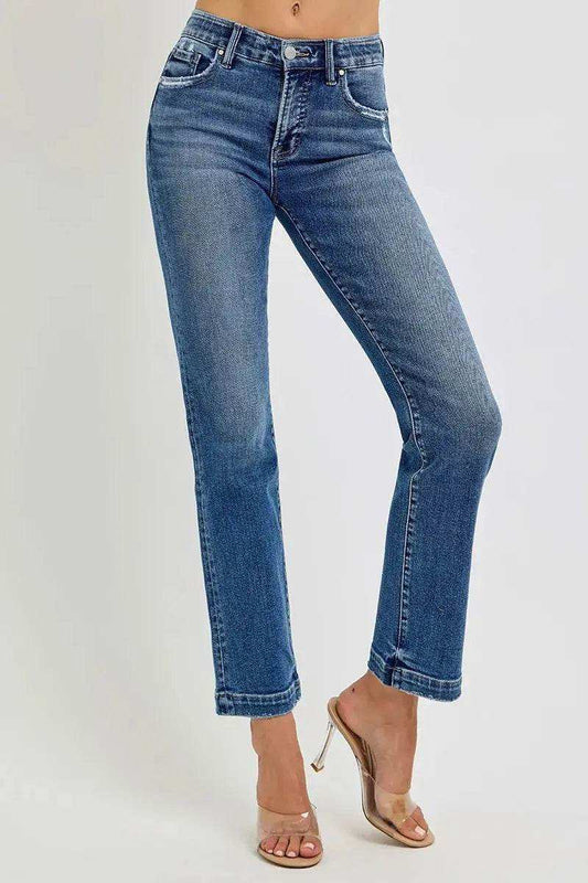 RISEN Tummy Control Elastic Band Mid Rise Straight Jeans - Sleekdenim.com