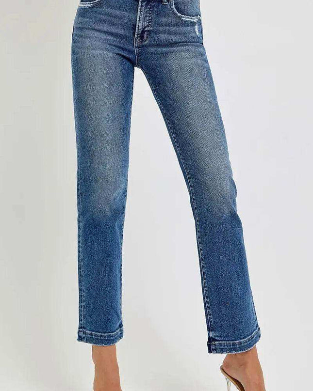 RISEN Tummy Control Elastic Band Mid Rise Straight Jeans - Sleekdenim.com
