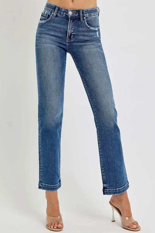 RISEN Tummy Control Elastic Band Mid Rise Straight Jeans - Sleekdenim.com