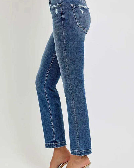 RISEN Tummy Control Elastic Band Mid Rise Straight Jeans - Sleekdenim.com
