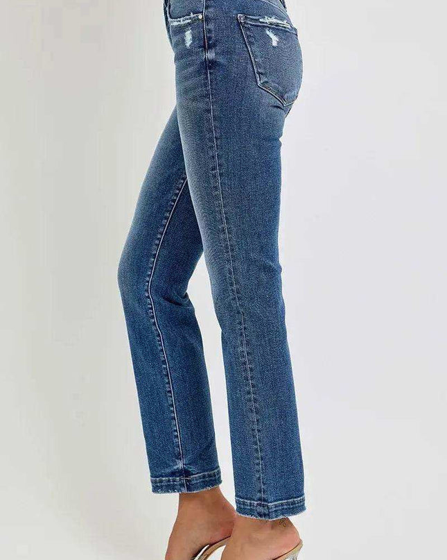 RISEN Tummy Control Elastic Band Mid Rise Straight Jeans - Sleekdenim.com