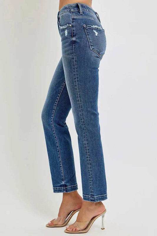 RISEN Tummy Control Elastic Band Mid Rise Straight Jeans - Sleekdenim.com
