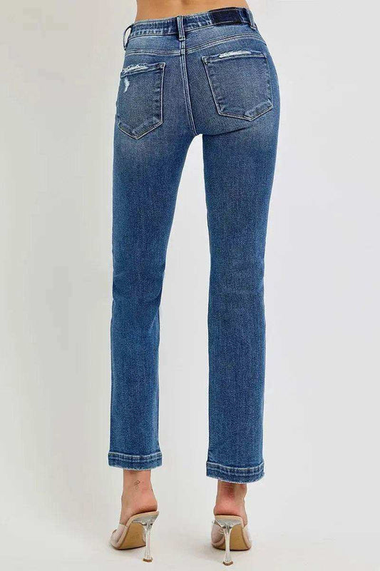 RISEN Tummy Control Elastic Band Mid Rise Straight Jeans - Sleekdenim.com