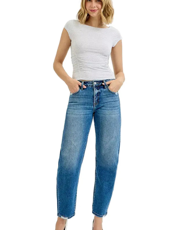 RISEN Tummy Control High Rise Ankle Slim Barrel Jeans - Sleekdenim.com