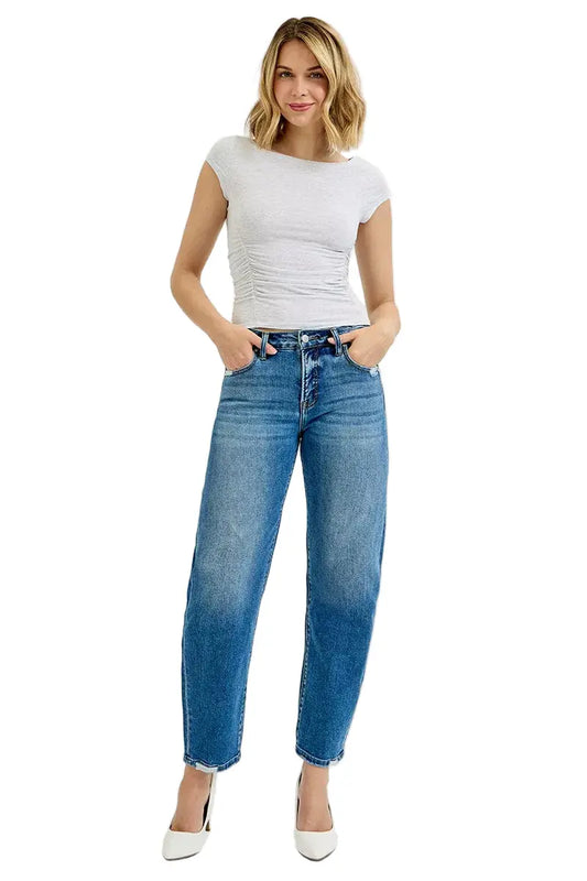RISEN Tummy Control High Rise Ankle Slim Barrel Jeans - Sleekdenim.com