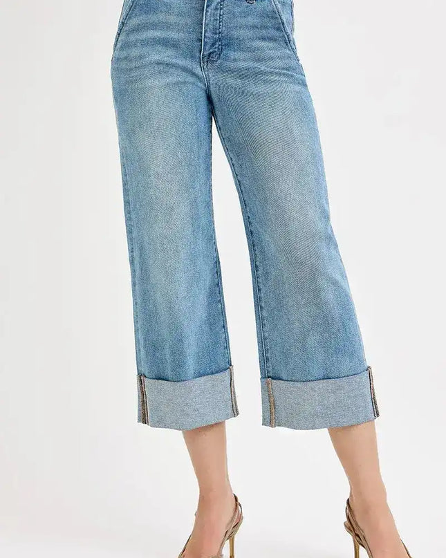 RISEN Tummy Control High Rise Ankle Wide Cuffed Jeans - Sleekdenim.com