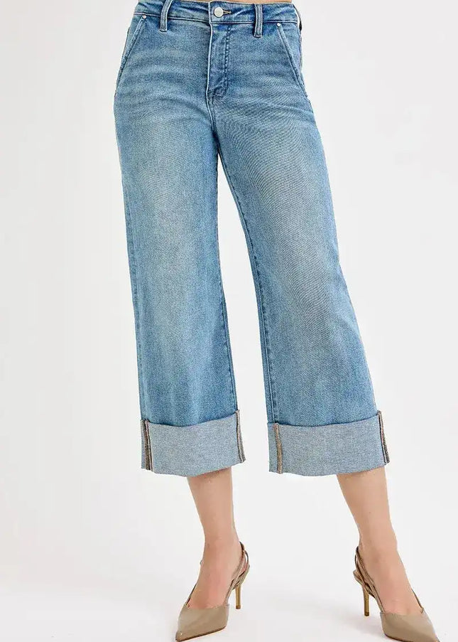 RISEN Tummy Control High Rise Ankle Wide Cuffed Jeans - Sleekdenim.com