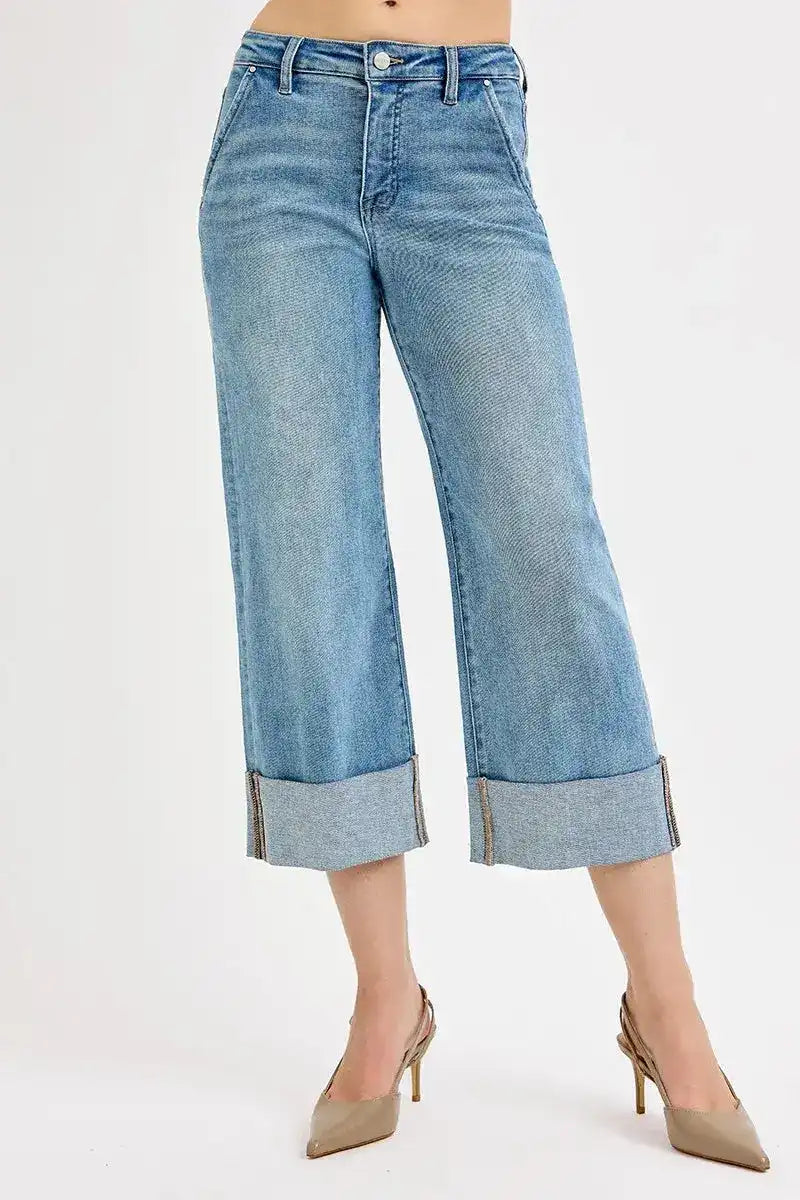 RISEN Tummy Control High Rise Ankle Wide Cuffed Jeans - Sleekdenim.com