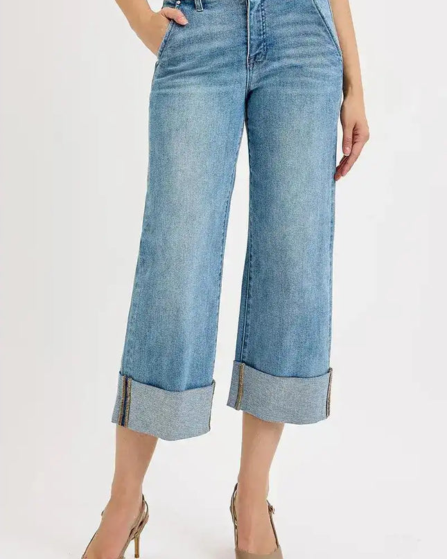 RISEN Tummy Control High Rise Ankle Wide Cuffed Jeans - Sleekdenim.com