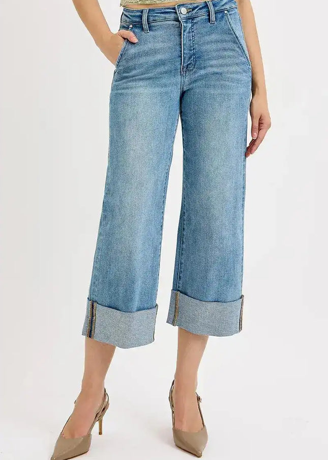RISEN Tummy Control High Rise Ankle Wide Cuffed Jeans - Sleekdenim.com