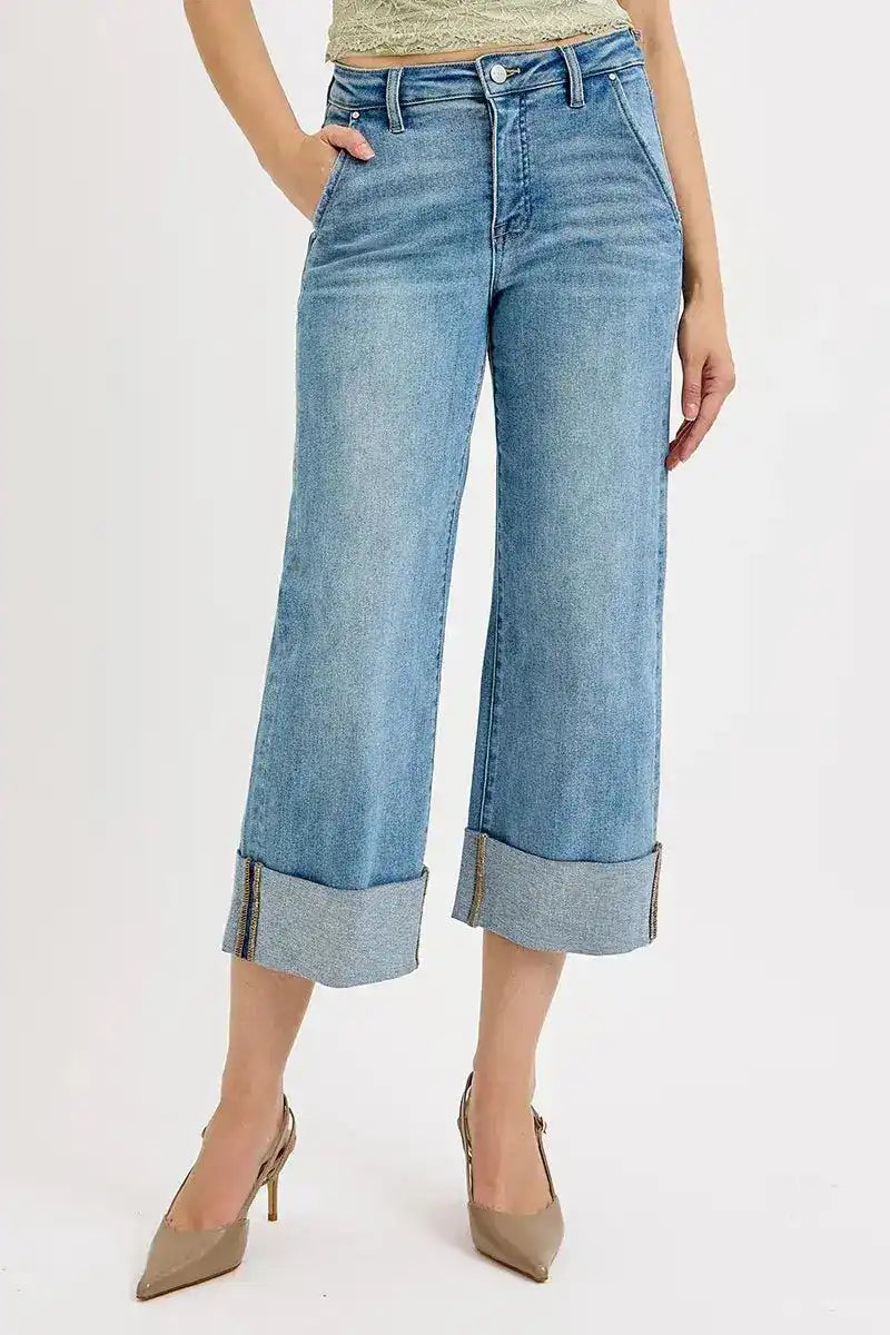 RISEN Tummy Control High Rise Ankle Wide Cuffed Jeans - Sleekdenim.com
