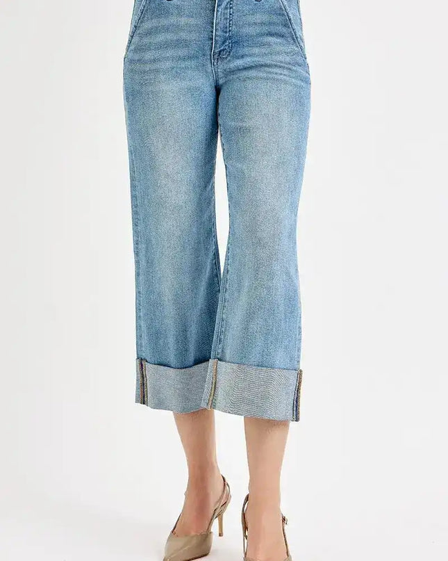 RISEN Tummy Control High Rise Ankle Wide Cuffed Jeans - Sleekdenim.com