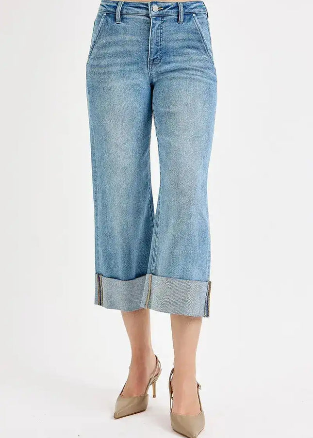 RISEN Tummy Control High Rise Ankle Wide Cuffed Jeans - Sleekdenim.com