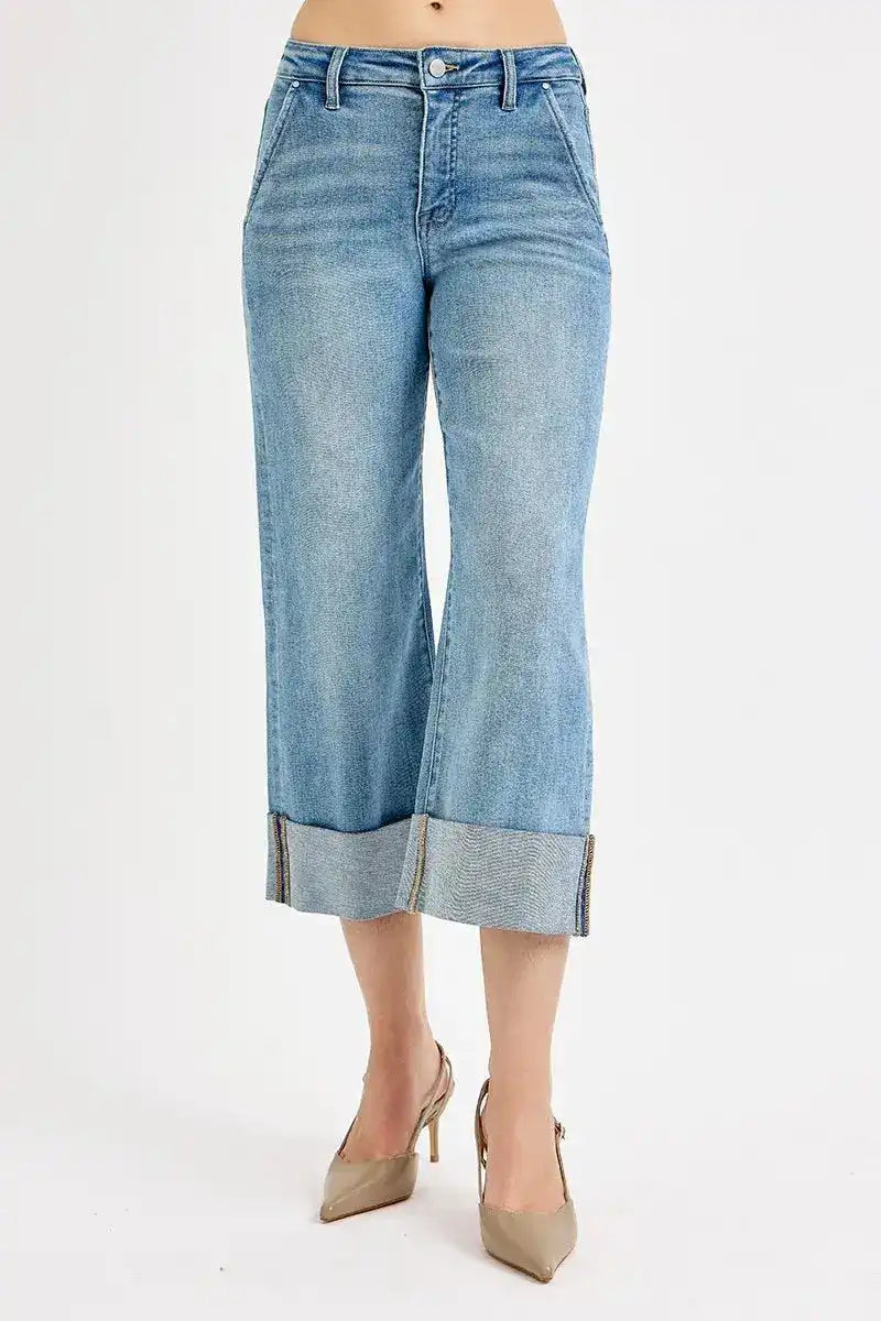 RISEN Tummy Control High Rise Ankle Wide Cuffed Jeans - Sleekdenim.com