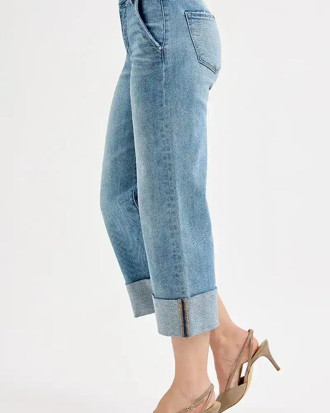 RISEN Tummy Control High Rise Ankle Wide Cuffed Jeans - Sleekdenim.com