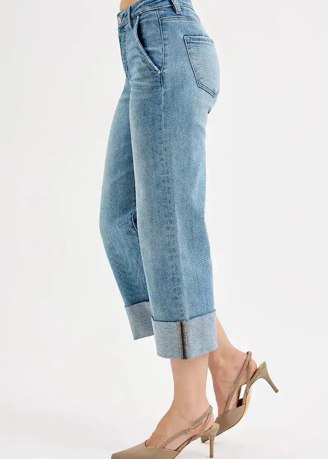 RISEN Tummy Control High Rise Ankle Wide Cuffed Jeans - Sleekdenim.com