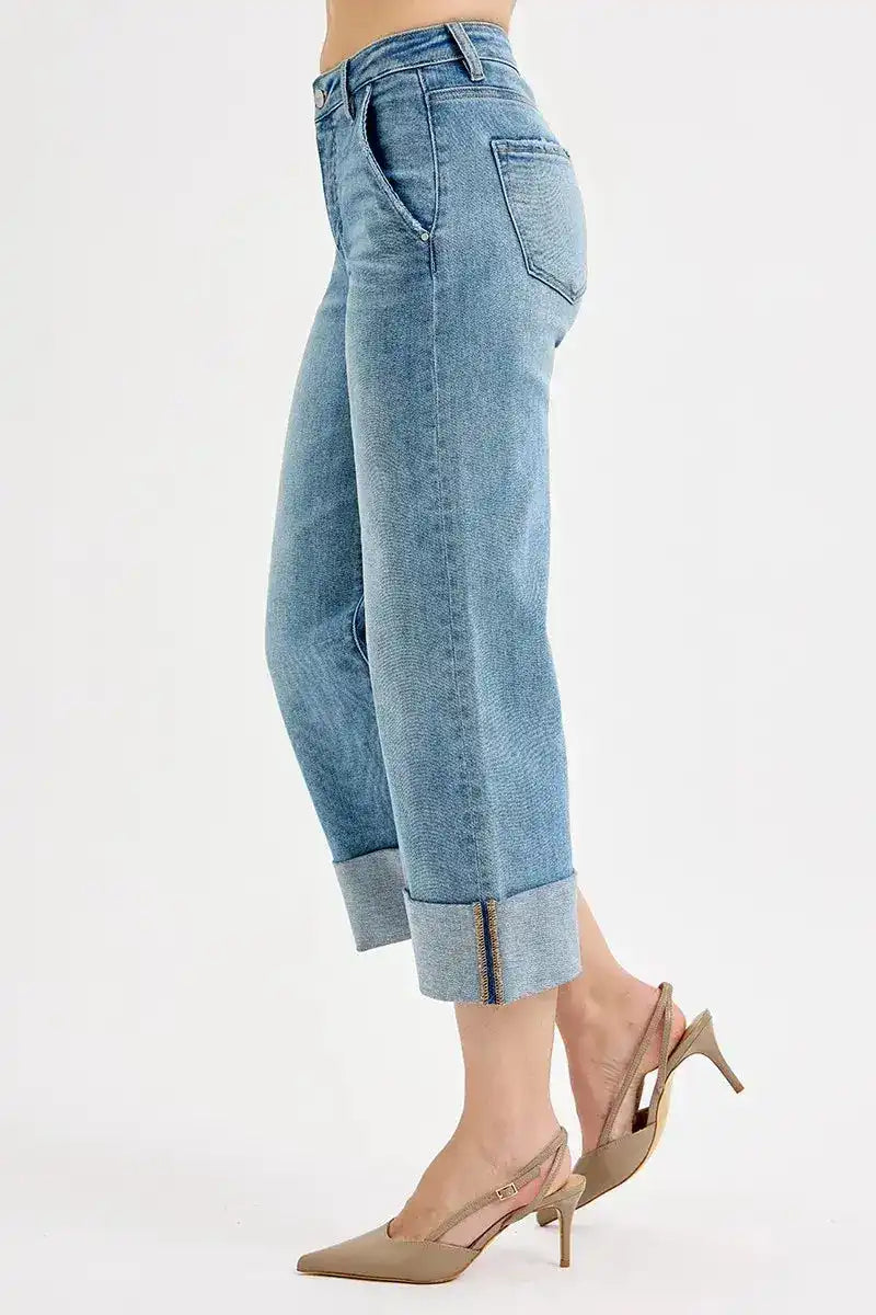 RISEN Tummy Control High Rise Ankle Wide Cuffed Jeans - Sleekdenim.com