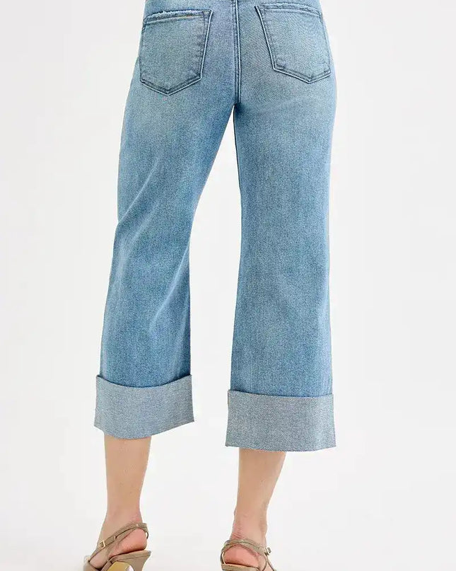 RISEN Tummy Control High Rise Ankle Wide Cuffed Jeans - Sleekdenim.com
