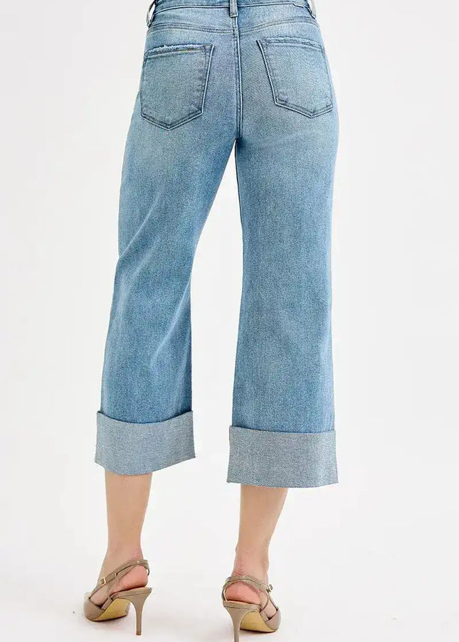 RISEN Tummy Control High Rise Ankle Wide Cuffed Jeans - Sleekdenim.com