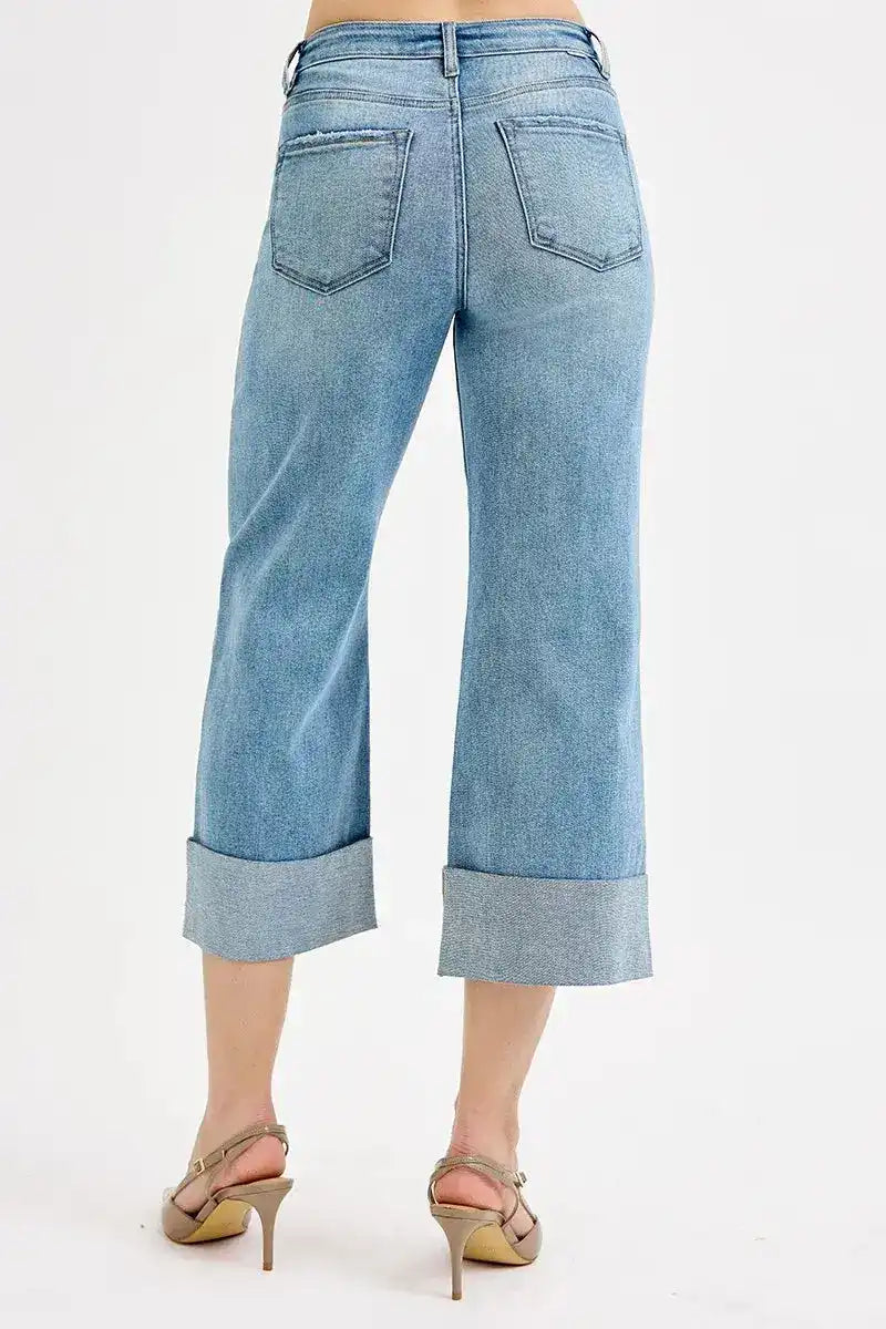 RISEN Tummy Control High Rise Ankle Wide Cuffed Jeans - Sleekdenim.com