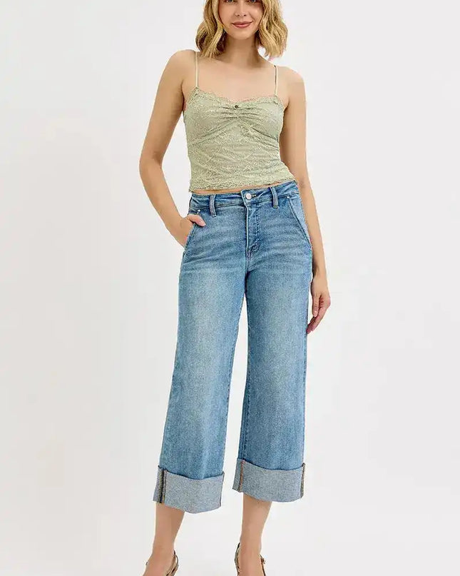 RISEN Tummy Control High Rise Ankle Wide Cuffed Jeans - Sleekdenim.com