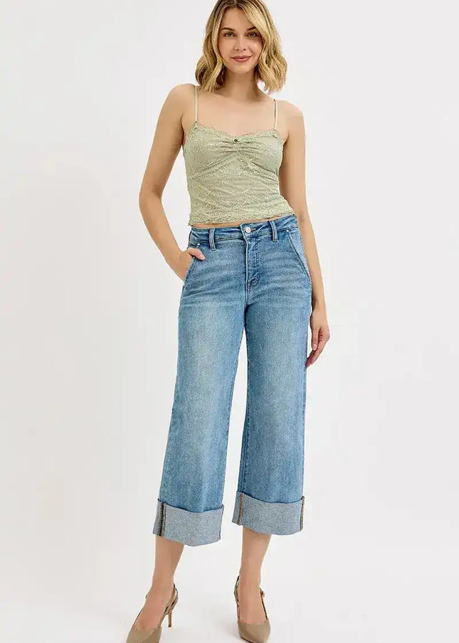 RISEN Tummy Control High Rise Ankle Wide Cuffed Jeans - Sleekdenim.com