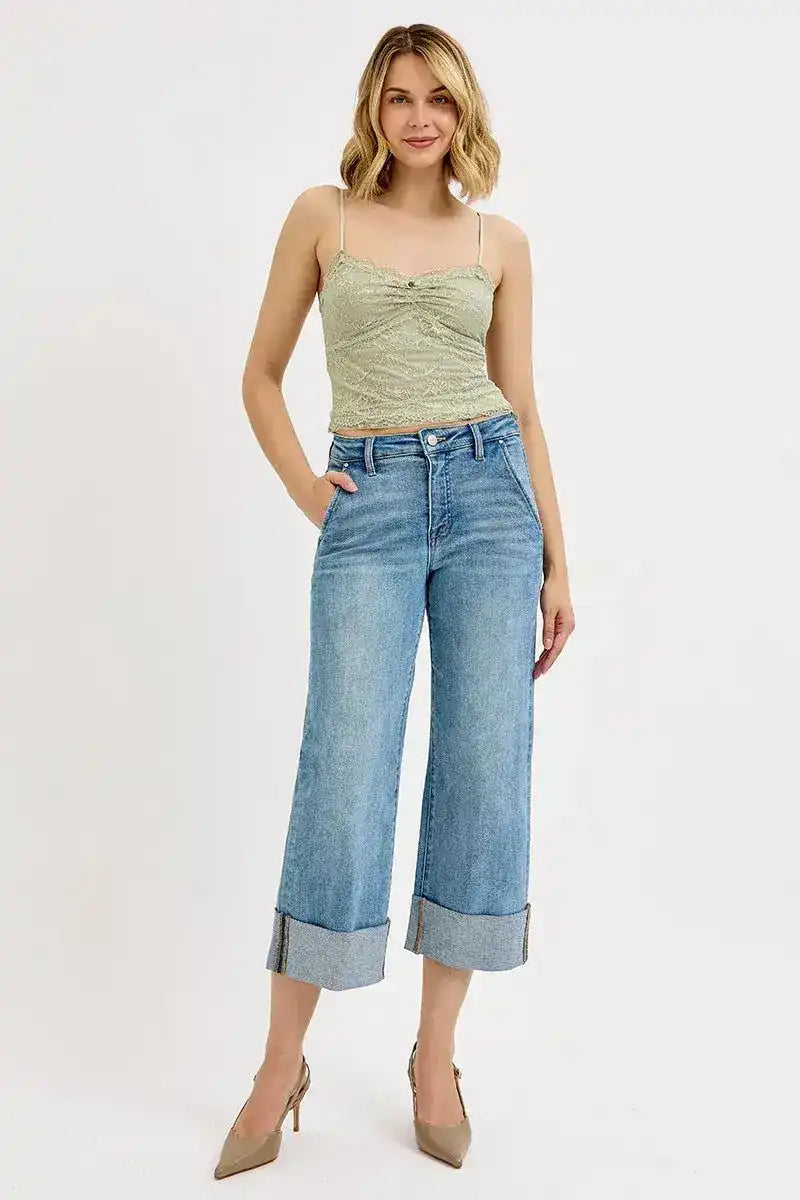 RISEN Tummy Control High Rise Ankle Wide Cuffed Jeans - Sleekdenim.com