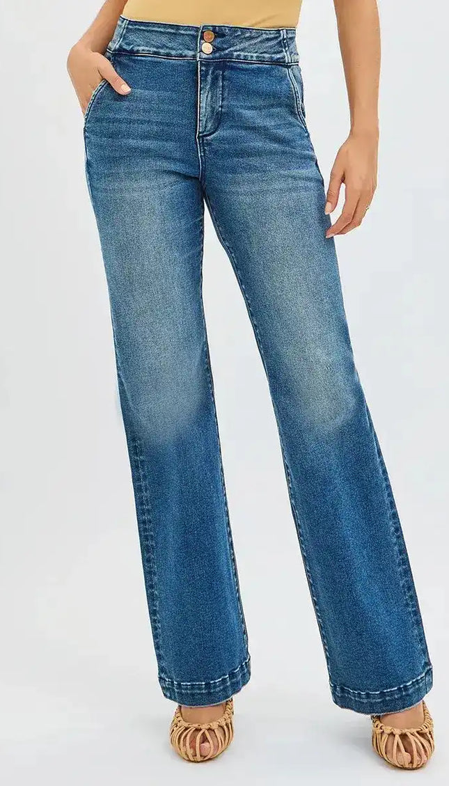 Risen High Rise Bootcut Jeans With Double Button Waist & Tummy Control PB21350 - Sleekdenim.com