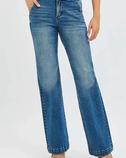 RISEN Tummy Control High Rise Bootcut Jeans with Double Button Waistband - Sleekdenim.com