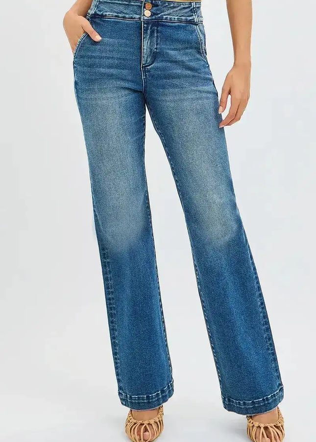 Risen High Rise Bootcut Jeans With Double Button Waist & Tummy Control PB21350 - Sleekdenim.com
