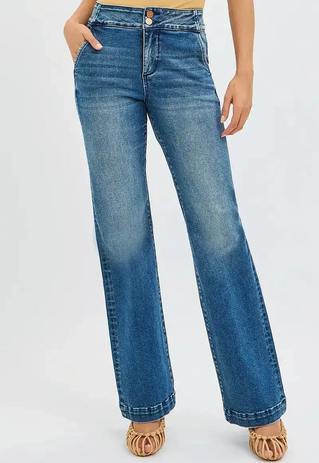 Risen High Rise Bootcut Jeans With Double Button Waist & Tummy Control PB21350 - Sleekdenim.com