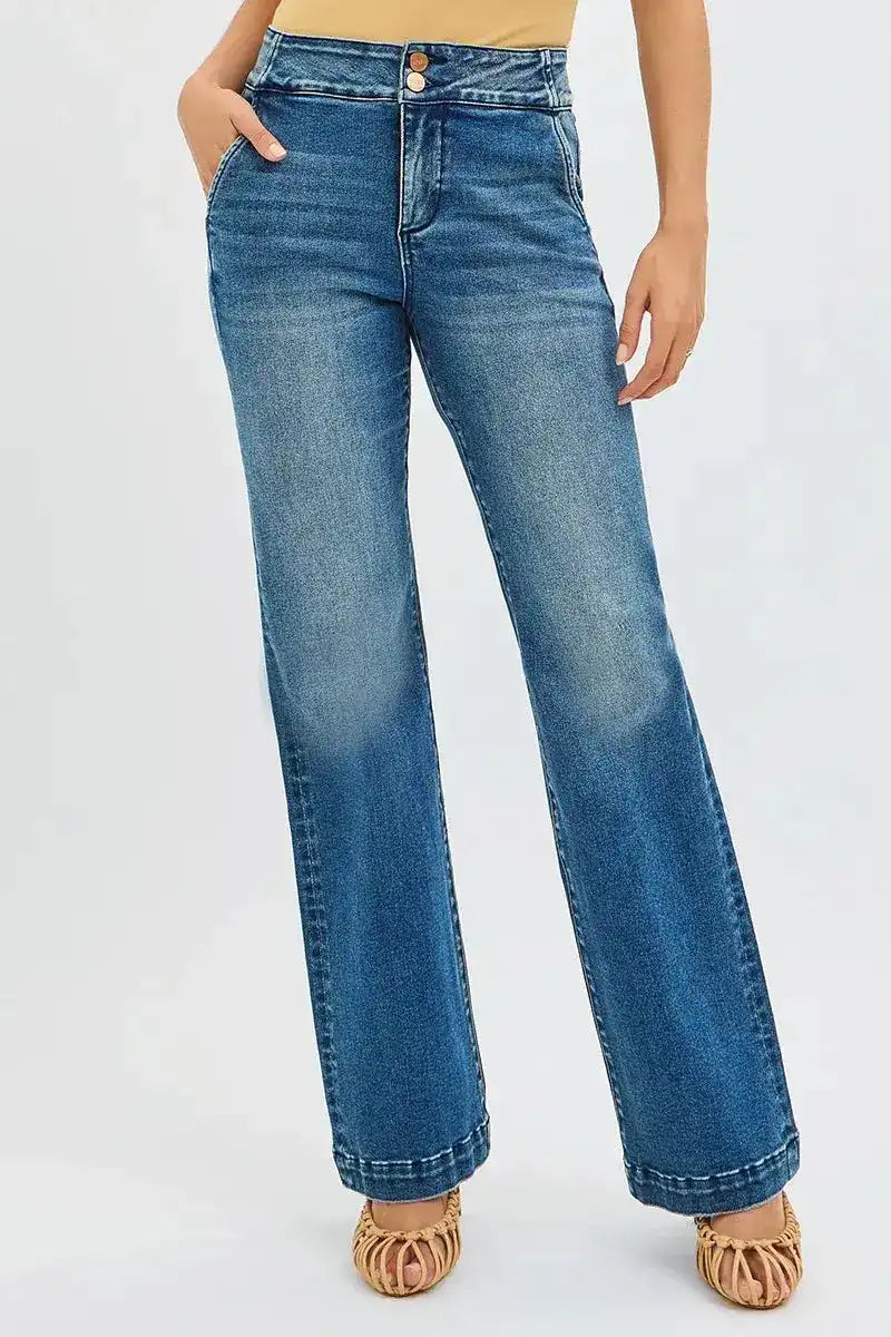 RISEN Tummy Control High Rise Bootcut Jeans with Double Button Waistband - Sleekdenim.com