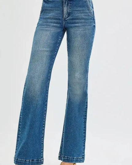 RISEN Tummy Control High Rise Bootcut Jeans with Double Button Waistband - Sleekdenim.com