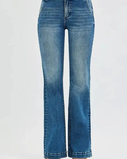 RISEN Tummy Control High Rise Bootcut Jeans with Double Button Waistband - Sleekdenim.com
