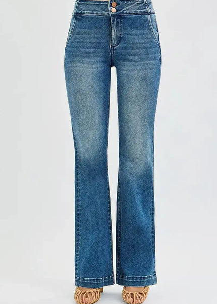 RISEN Tummy Control High Rise Bootcut Jeans with Double Button Waistband - Sleekdenim.com