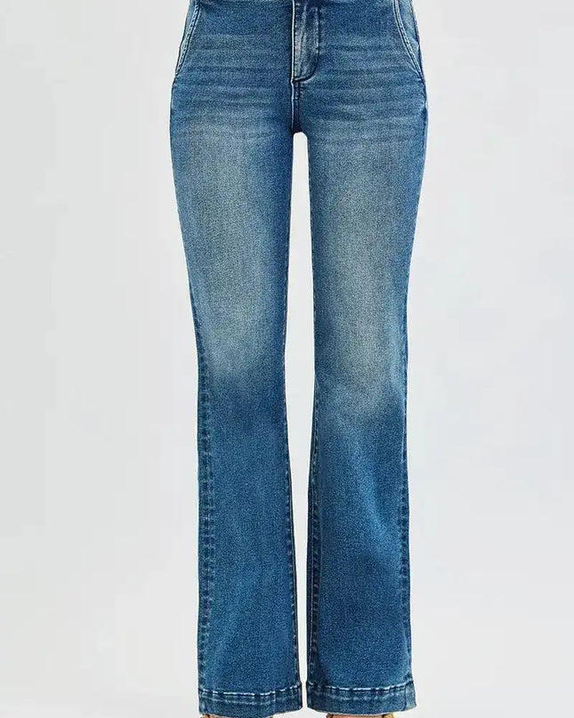 RISEN Tummy Control High Rise Bootcut Jeans with Double Button Waistband - Sleekdenim.com