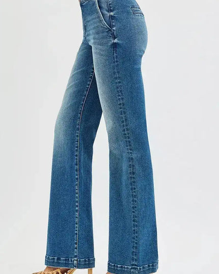 RISEN Tummy Control High Rise Bootcut Jeans with Double Button Waistband - Sleekdenim.com