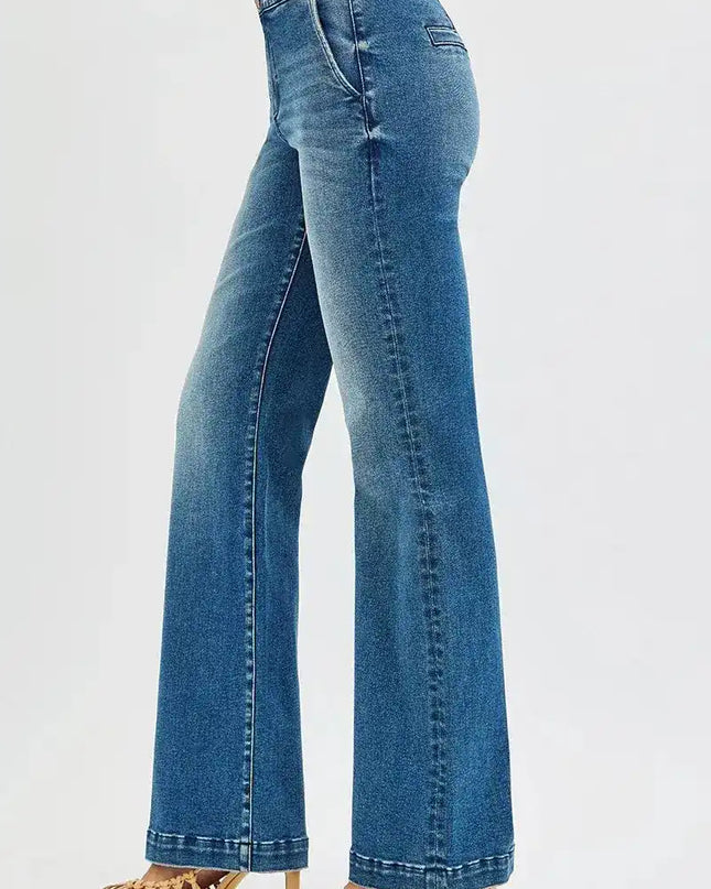 RISEN Tummy Control High Rise Bootcut Jeans with Double Button Waistband - Sleekdenim.com