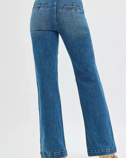 RISEN Tummy Control High Rise Bootcut Jeans with Double Button Waistband - Sleekdenim.com